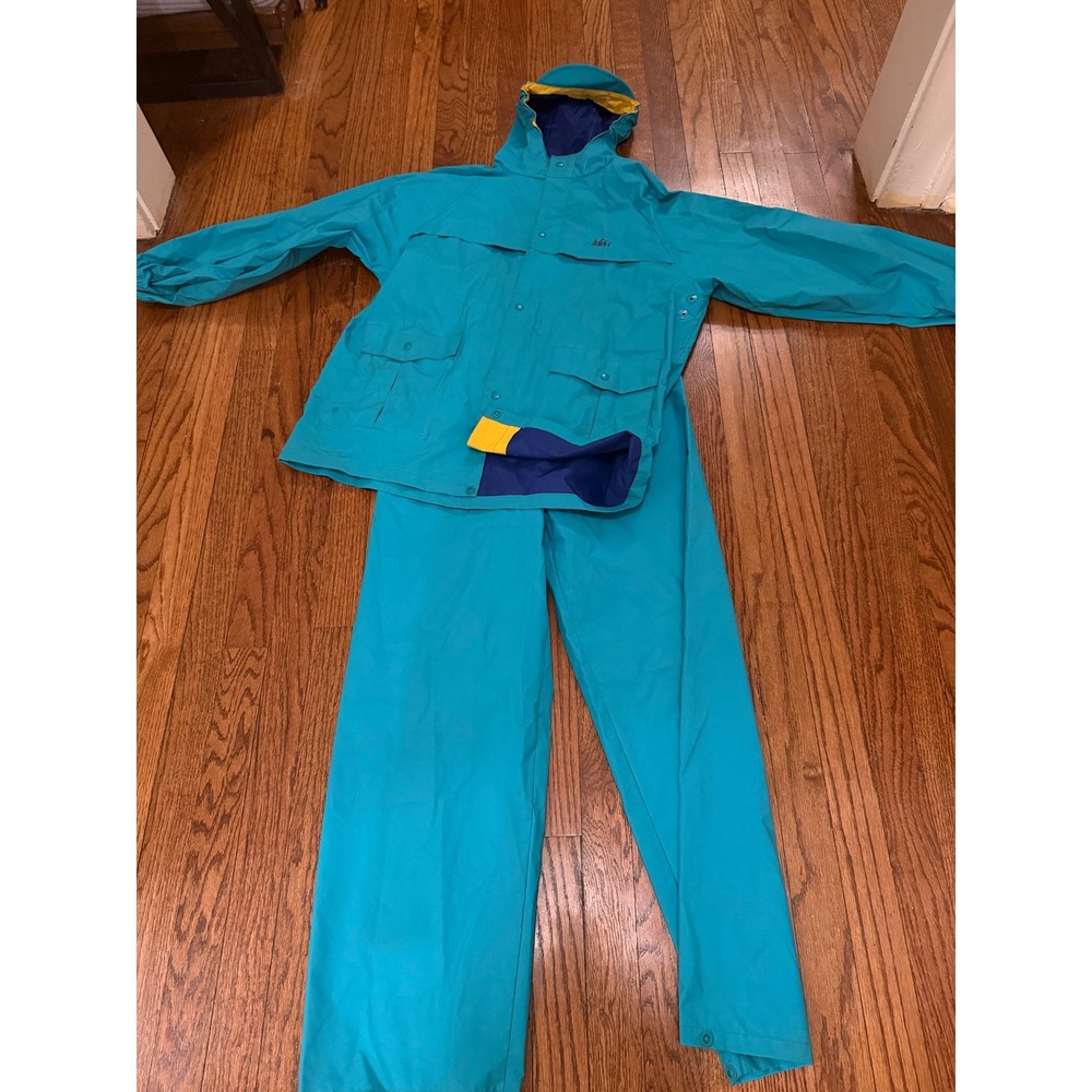 Vintage REI Rain Suit Teal Blue Hooded Jacket and Pants Set Womens XL 16/18